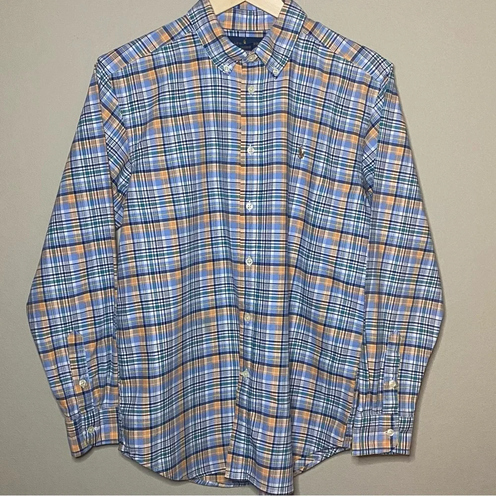Ralph Lauren Button Down Shirt Youth Boy Size 18 Blue Orange Plaid Preppy